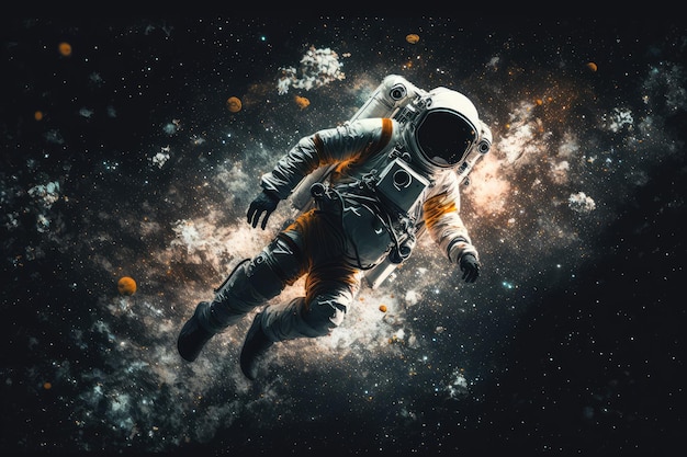 無数の星々に囲まれ、果てしなく広がる宇宙を漂う芸術的な宇宙飛行士