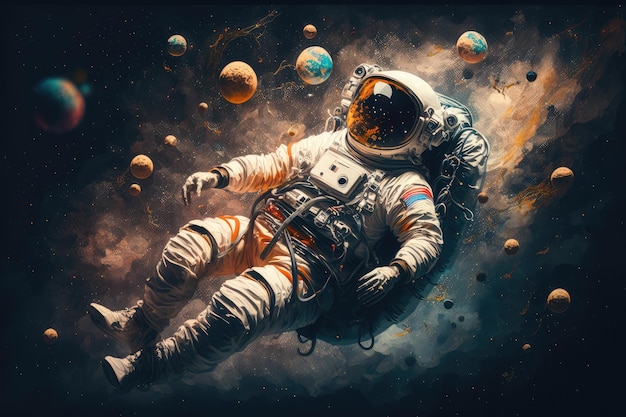 Artistic astronaut floating in zero gravity surrounded by stars and planets