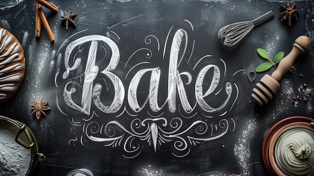 Artistic baking concept with bake written in flour and baking ingredients