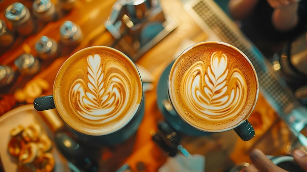 Artistic Barista Craft Two Perfect Cups of Latte with Symmetrical Latte Art on a Busy Cafe Counter