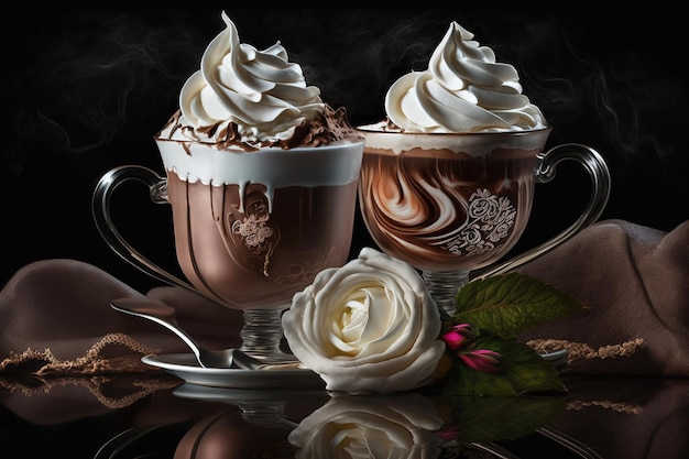 Artistic beautiful romance two hot chocolate with whipped cream beverage serve