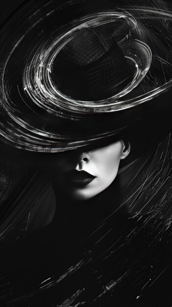 Foto ritratto artistico in bianco e nero di una donna che indossa un sorprendente cappello vorticoso