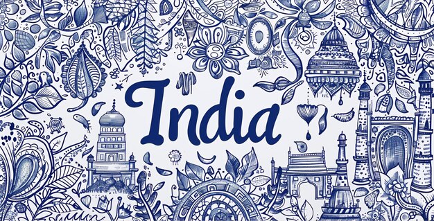 Photo artistic blue and white illustration with the word india and cultural motifs