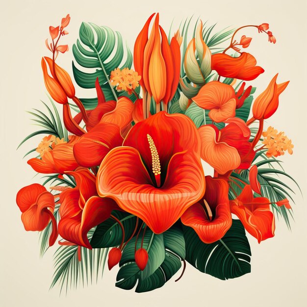 An artistic bouquet blending vivid orange tulips fiery red anthuriums and tropical palm leaves