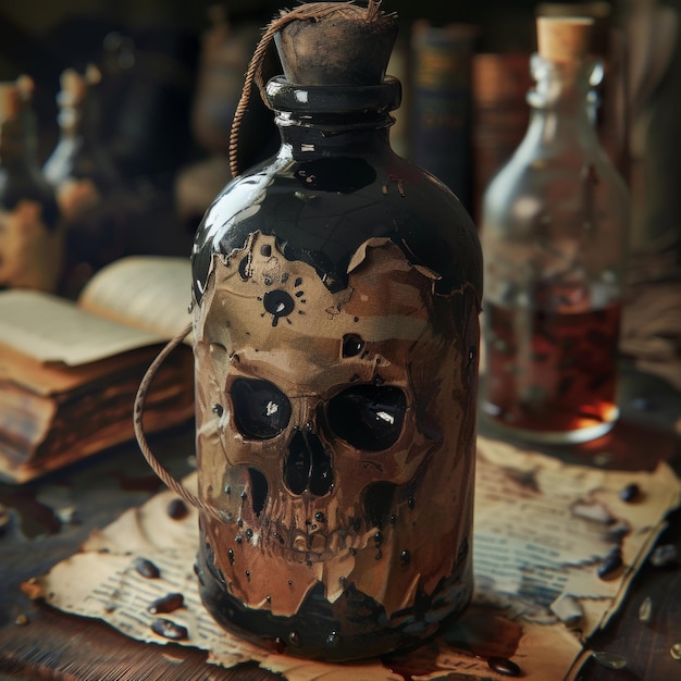 Artistic brown skullshaped potion bottle on a vintage backdrop