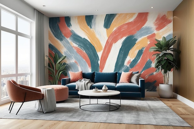 Photo artistic brushstroke wallpaper accent wall in a living room