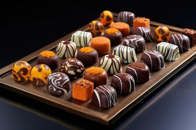 Artistic chocolate praline designs on a tray