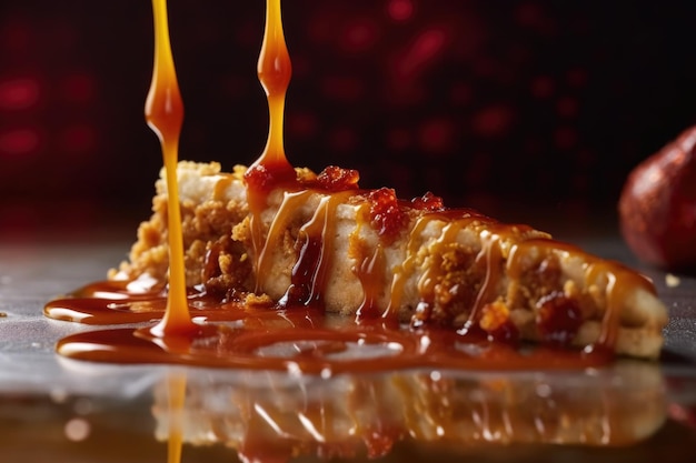 Artistic closeup of bitten pizza slice with sauce dripping on table