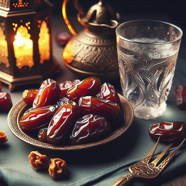Artistic CloseUp of Dates and a Glass of Zamzam Water