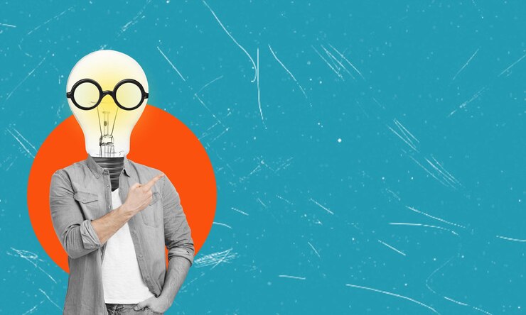 Photo artistic collage solving business issues a man with a light bulb instead of a head place for advert