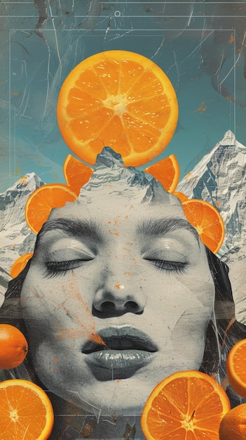 Artistic collage with woman portrait overlaid with vibrant orange slices and pineapple textures