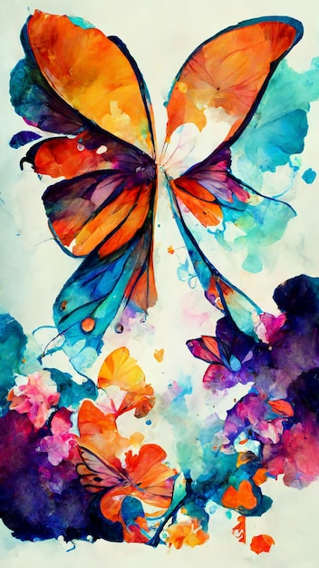 Artistic color butterfly splash watercolor background 3D illustration