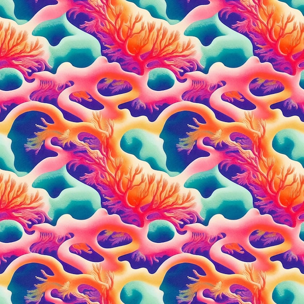 Artistic and colorful seamless tropical pattern with underwater coral reef for packaging design layout or web page design 3D illustration