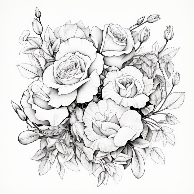 Artistic Coloring Pages Floral Variations with Black Lines on a White Background Celebrating Rose