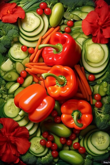 An artistic composition featuring a bunch of vegetables