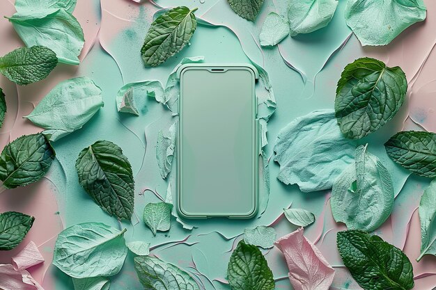 緑色のミント色のスマートフォンの空の画面を特徴とする芸術的な構成