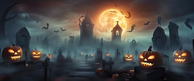 Artistic concept of halloween background with pumpkin in a spooky graveyard at night with full moon
