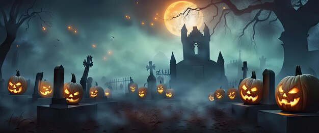 ハロウィーンの背景の芸術的なコンセプトは,満月で夜に恐ろしい墓地で南瓜です.