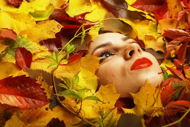 Artistic conceptual autumn girl portrait. Colorful leaves. Leaves of trees around an emotional face. Autumn is coming.