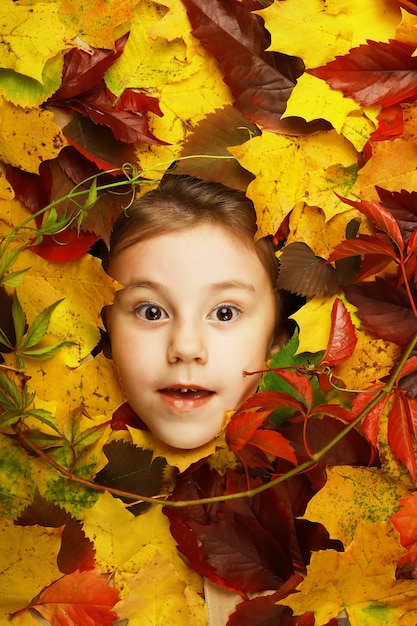 Artistic conceptual autumn girl portrait. Colorful leaves. Leaves of trees around an emotional face. Autumn is coming.