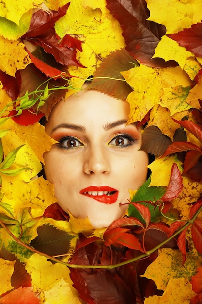 Artistic conceptual autumn girl portrait. Colorful leaves. Leaves of trees around an emotional face. Autumn is coming.