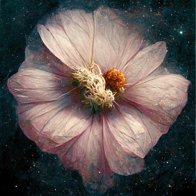 은하계의 어두운 깊은 공간과 배경 분홍색 꽃 꽃잎에 별이 있는 예술적 우주 꽃