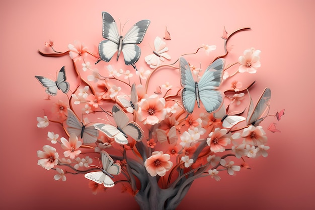 Foto creazione artistica con farfalle colorate fiori e foglie generate dall'ia
