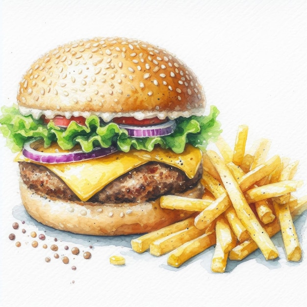 アーティスティック・デライス 水彩画 ハンバーガーとフライドポテト 料理のキャンバスに描かれたイラスト