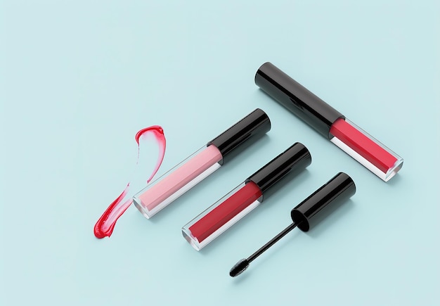 Artistic demonstration of colorful lip gloss varieties against a soothing aqua background