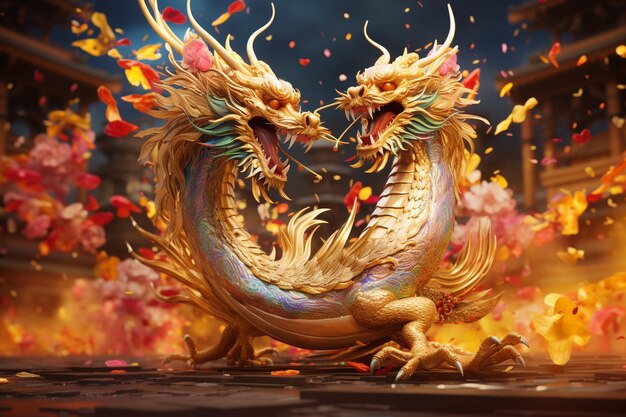Artistic depiction of a dragon and phoenix dance s 00291 02