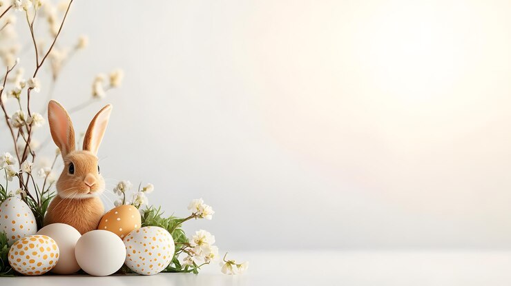 An artistic depiction of Easter eggs and a bunny surrounded by pastelcolored flowers and greenery