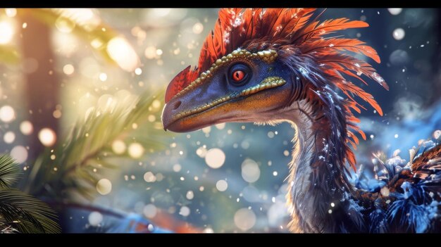 Художественное изображение пернатого динозавра с перьями разного размера и формы, намекающими на