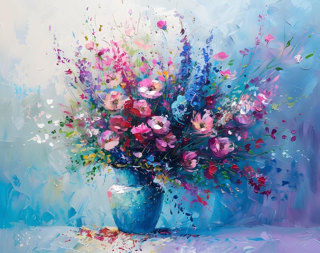 Artistic depiction of flowers in a blue vase on a table