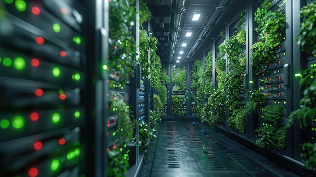 Artistic depiction of a green data center powered by renewable energy sources with servers and cooling systems