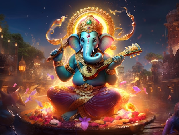 An Artistic Depiction of a Melodious Elephant Lord Ganesh and Diwali Celebrations