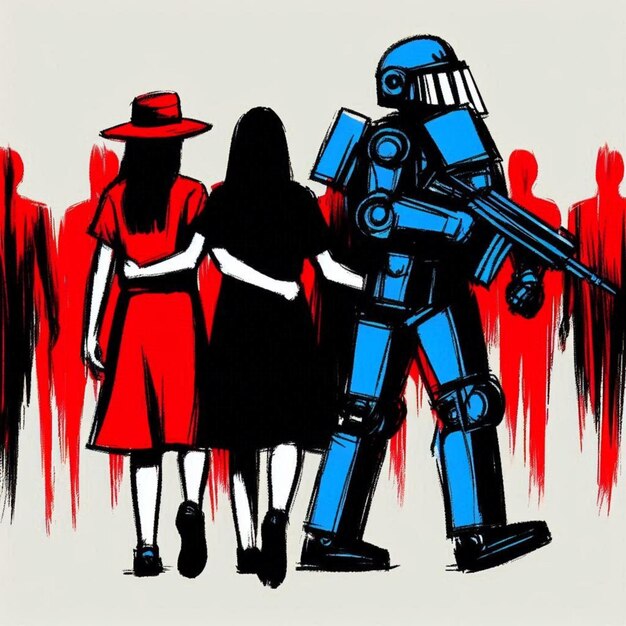 Photo artistic depiction of a robot and two women against a bold red background