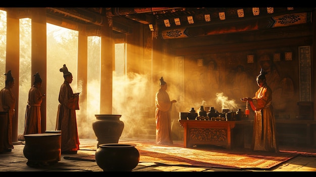 Foto una rappresentazione artistica di una cerimonia rituale della dinastia shang con sacerdoti che conducono un'elaborata cerimonia