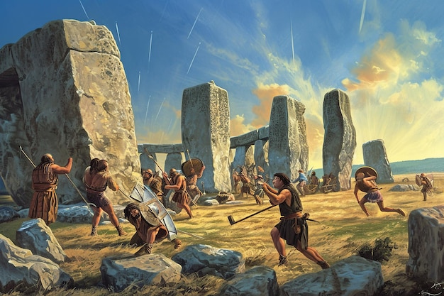 Foto rappresentazione artistica della costruzione di stonehenge