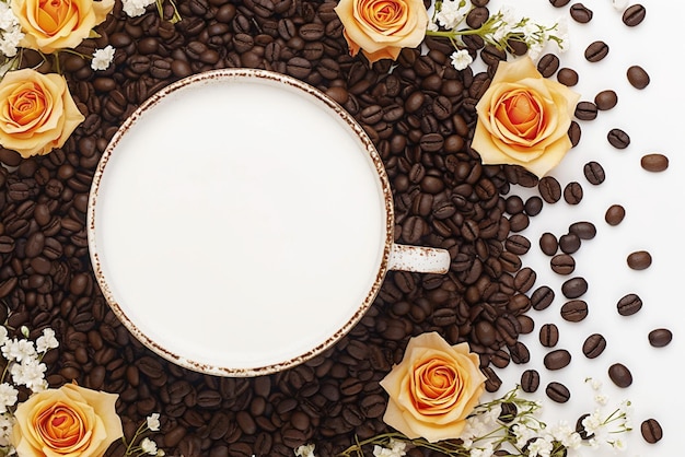 Artistic display coffee beans and delicate rose on white surface