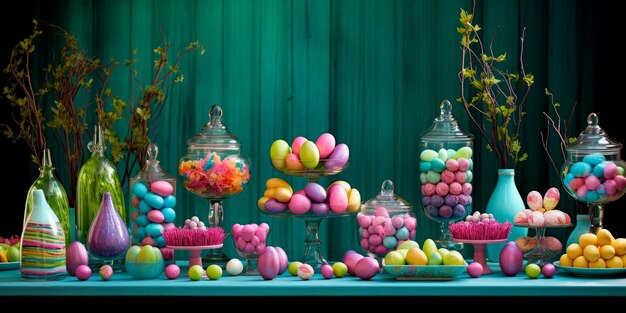 Photo an artistic display of easter eggs and candies