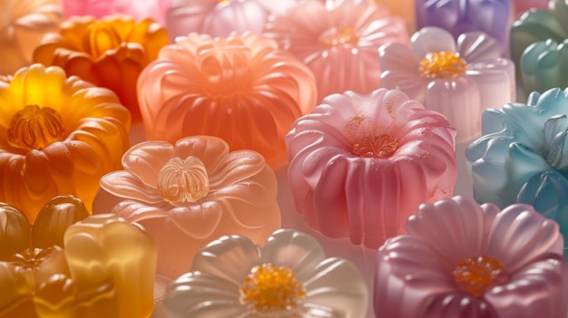 An artistic display of flowershaped jelly molds showcasing intricate details and vibrant colors