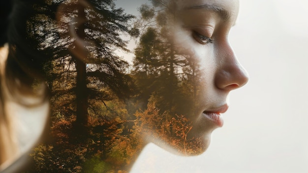 Artistic double exposure image blending a woman39s profile with the lush greenery of a forest symbol