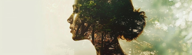 Photo an artistic double exposure image of a womans profile blended with a dense forest landscape