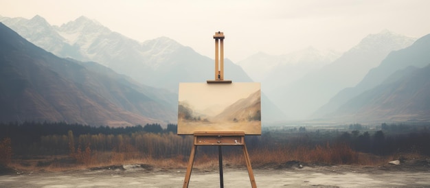 Photo artistic easel set against majestic mountain backdrop