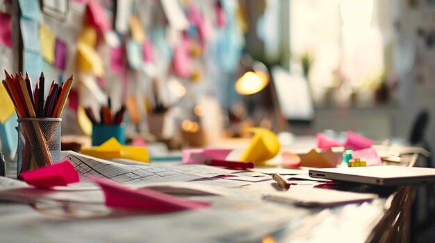 Photo artistic and educational colorful stationery arranged creatively on a white school desk