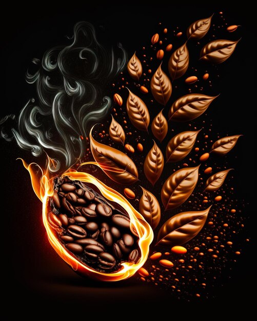 Artistic exposition of coffee beans and coffee leaves Nice scent and aroma concept Black backdrop Generative AI