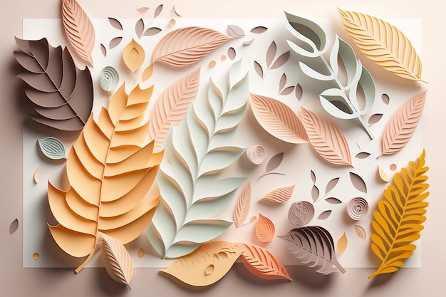 Artistic Foliage Set Against White Background Modern Paper Cut Style Seasonal Poster Generative AI