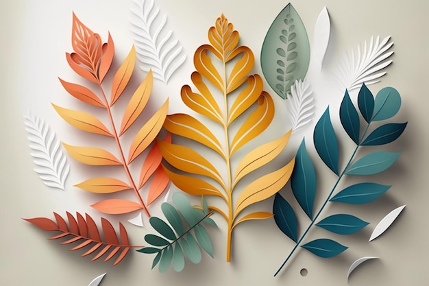 Artistic Foliage Set Against White Background Modern Paper Cut Style Seasonal Poster Generative AI