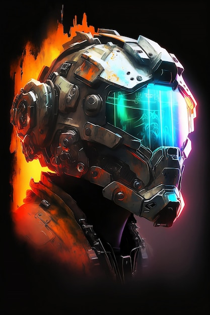 an artistic futuristic neon helmet of a space warrior