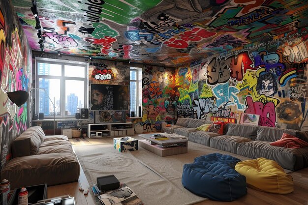 Photo artistic graffitistyle living room ceiling murals